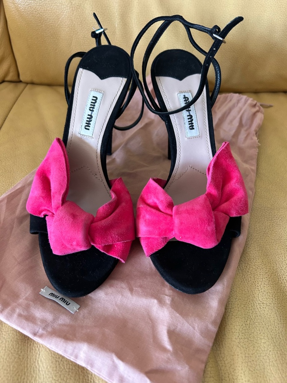 Miu Miu Black Suede Slingback Heels with Hot Pink Bow - Picture 2 of 7